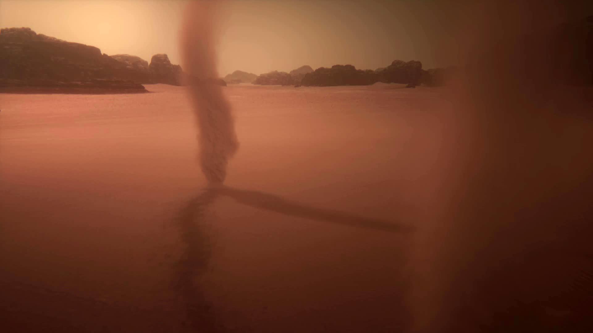 Computeranimiertes Bild eines Wirbels aus rotem Staub auf einer roten Oberfläche, der eine Spur im Untergrund hinterlässt.