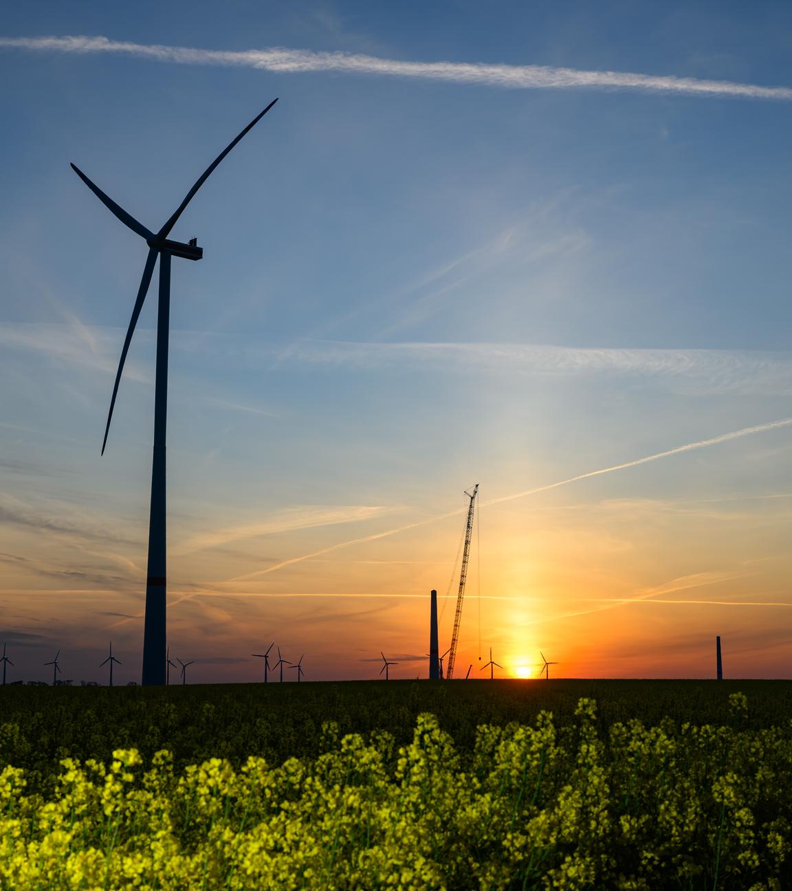 29.04.2025, Brandenburg, Lebus: Der Sonnenaufgang leuchtet über der Landschaft mit Windenergieanlagen und einem Kran auf einer Baustelle für ein neues Windrad.