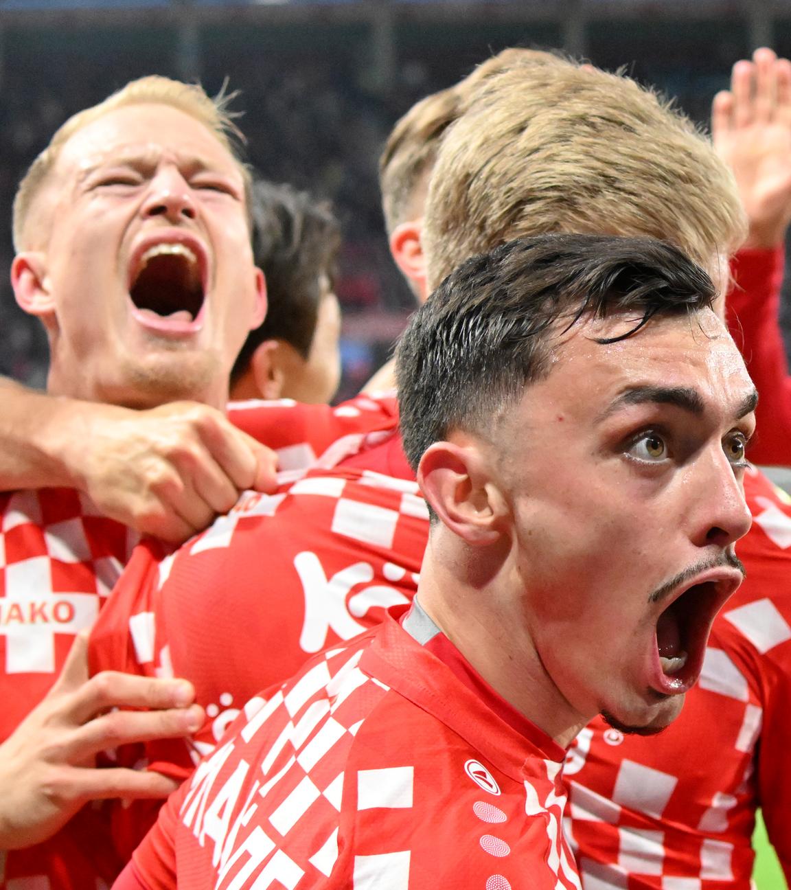 Mainz' Paul Nebel jubelt zum 1:1 gegen Frankfurt am 04.05.2025.