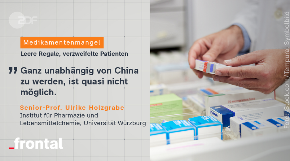Nahaufnahme Apotheker-Hände mit Medikamenten; Text: Medikamentenmangel - Leere Regale, verzweifelte Patienten; "Ganz unabhängig von China zu werden, ist quasi nicht möglich", sagt Senior-Prof. Ulrike Holzgrabe von der Uni Würzburg