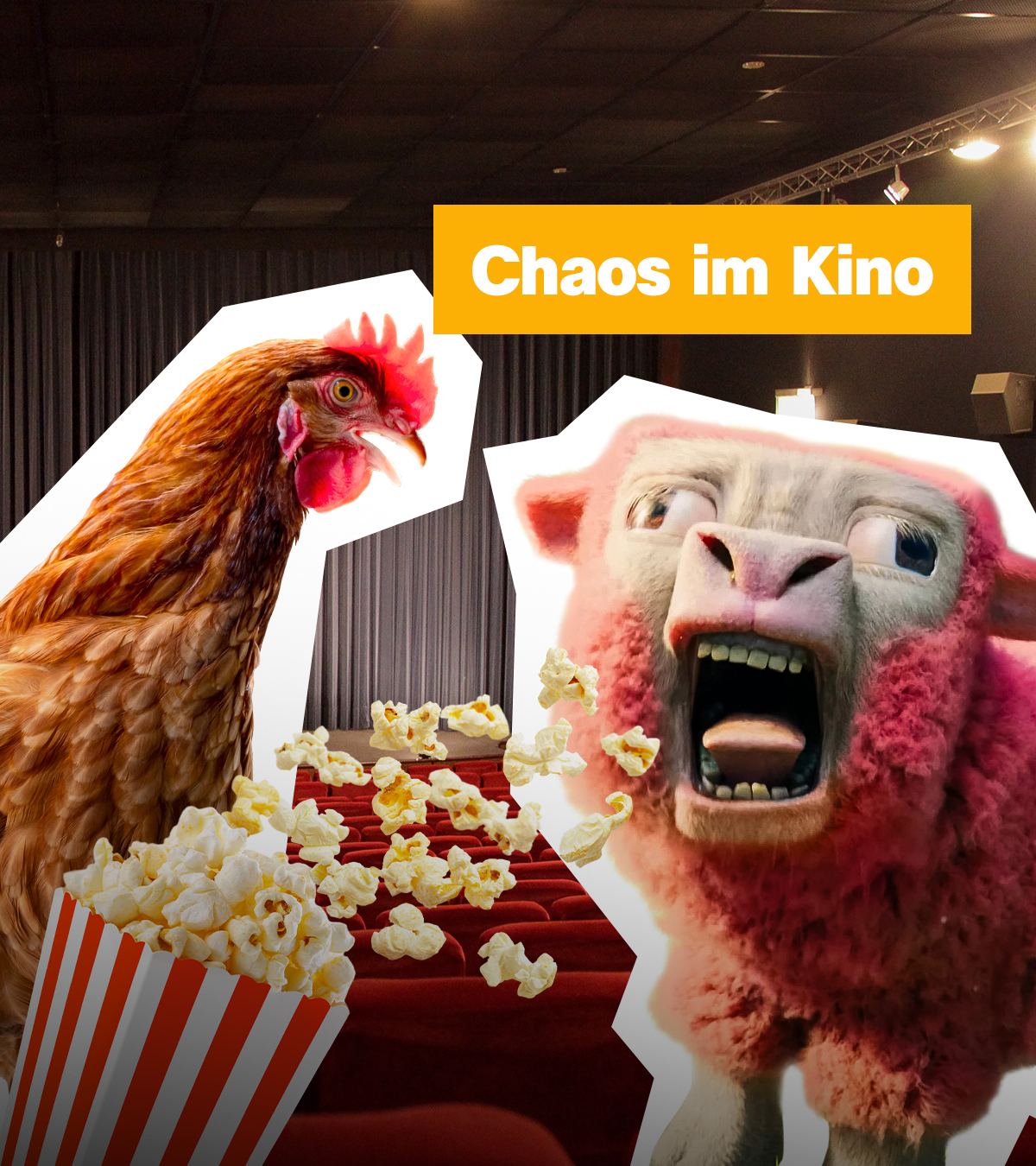 Ein Kinosaal, im Vordergrund rechts ein Schaf aus dem Minecraft-Film, links ein Hahn und verschüttetes Popcorn. In der Mitte der Text "Chaos im Kino".