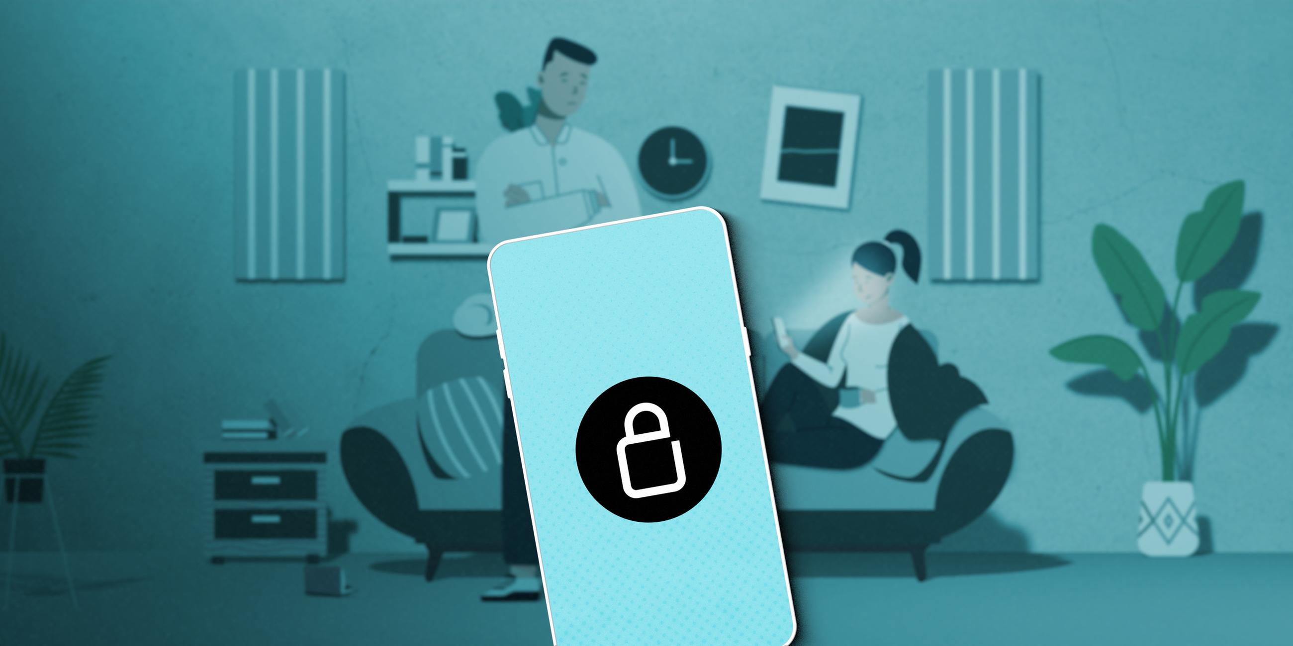 Die Illustration zeigt ein Smartphone mit einem Schloss-Symbol. Im Hintergrund stehen ein Vater und seine Tochter, die auf ihr Handy schaut.